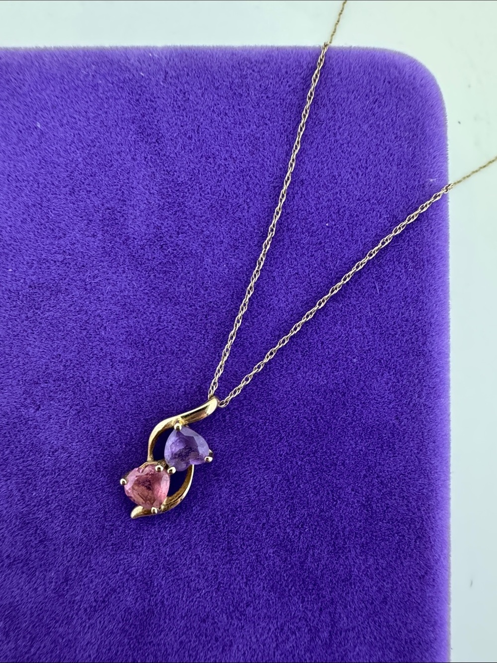 💛 Classic 10k Gold Pink & Purple Heart Gemstone Necklace